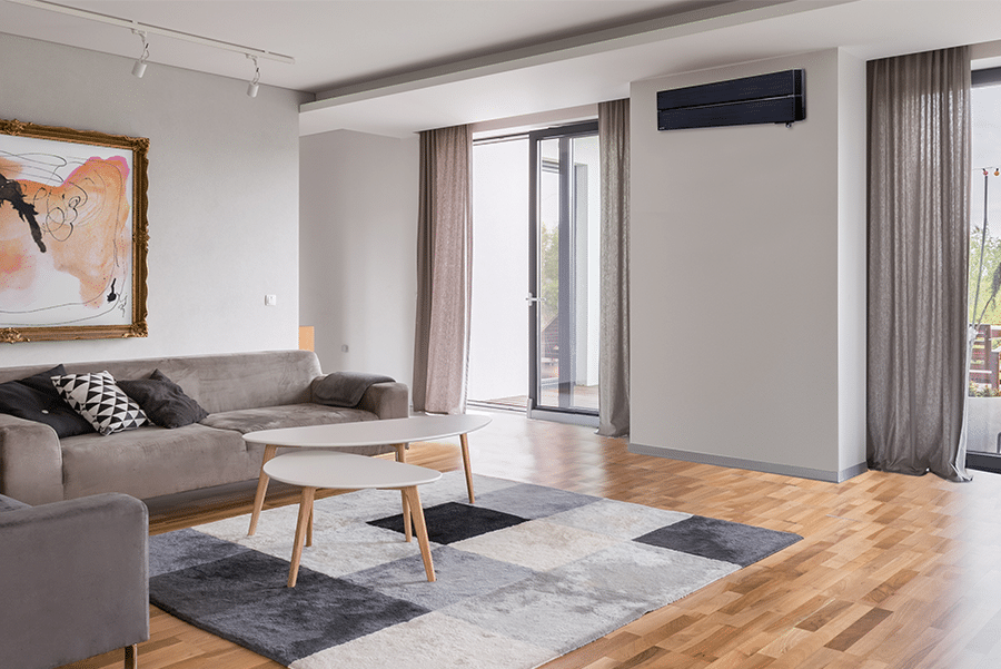 Black Mitsubishi Electric MSZ-LN wall-mounted split system in a modern living room