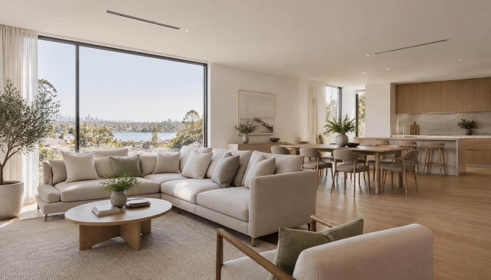 Open-plan living room with ducted air conditioning outlets set flush into the ceiling
